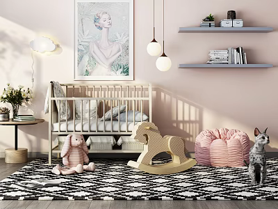 Cozy Nursery With Wooden Baby Crib Plush Rabbit Rocking Horse And Pink Bean Bag 3d model