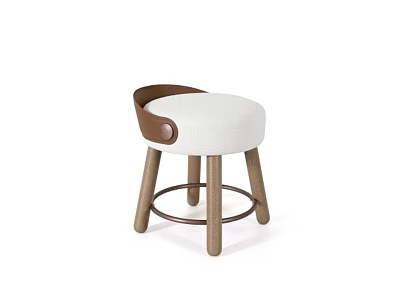 Modern Upholstered Stool With Light Colored Seat And Brown Wooden Backrest 3d model
