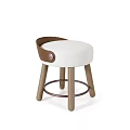 Modern Upholstered Stool With Light Colored Seat And Brown Wooden Backrest