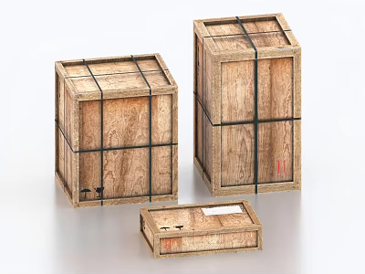 Rustic Wooden Crates with Cross Straps in Various Sizes and Natural Wood Texture 3d model