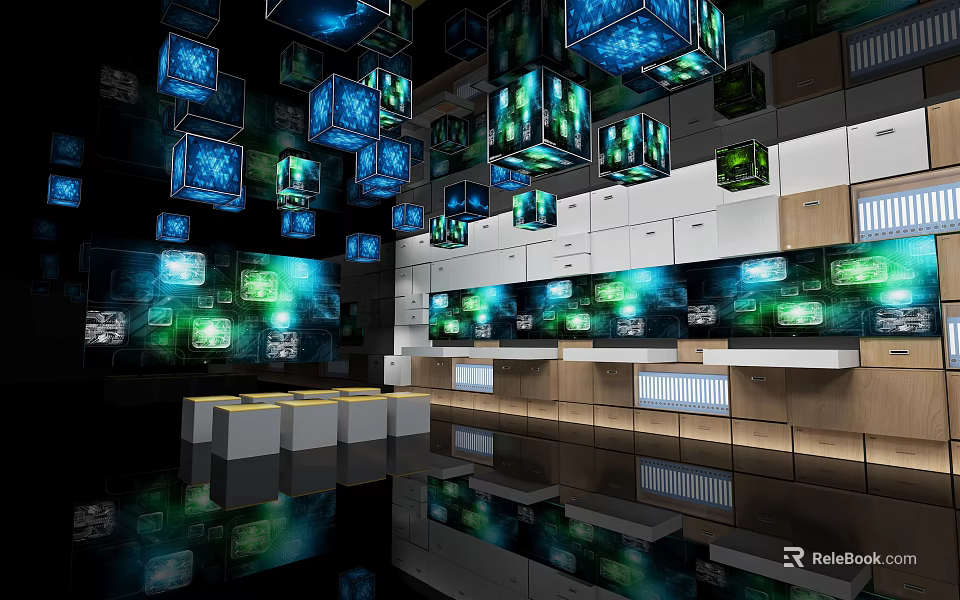 Hi Tech Interior Space With Hanging Illuminated Cubes LED Wall Screens And Reflective Black Floor 3d model 