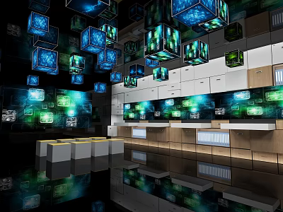Hi Tech Interior Space With Hanging Illuminated Cubes LED Wall Screens And Reflective Black Floor 3d model