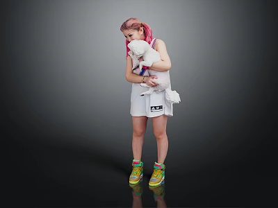 Woman With Pink Hair Holding White Stuffed Toy In White Dress And Colorful Sneakers 3d model