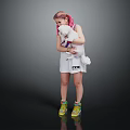 Woman With Pink Hair Holding White Stuffed Toy In White Dress And Colorful Sneakers