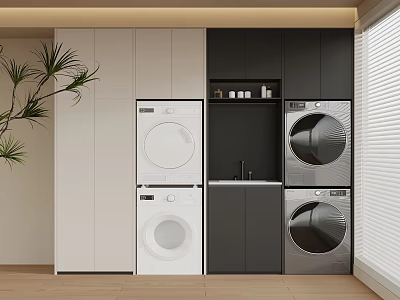 Laundry Room Interior Design With Washing Machine Dryer White Black Cabinets And Decorative Plant 3d model