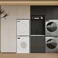 Laundry Room Interior Design With Washing Machine Dryer White Black Cabinets And Decorative Plant