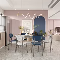 Modern Living Dining Room Interior With Pink Blue Walls Sofa Pillows And Decorative Paintings