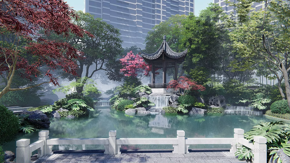 Rockery Stones In Misty Garden With Pond Pavilion Trees And High Rise Buildings 3d model 