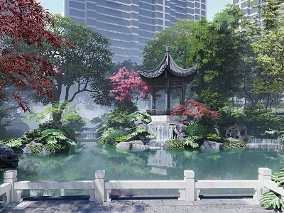 Rockery Stones In Misty Garden With Pond Pavilion Trees And High Rise Buildings 3d model