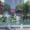 Rockery Stones In Misty Garden With Pond Pavilion Trees And High Rise Buildings