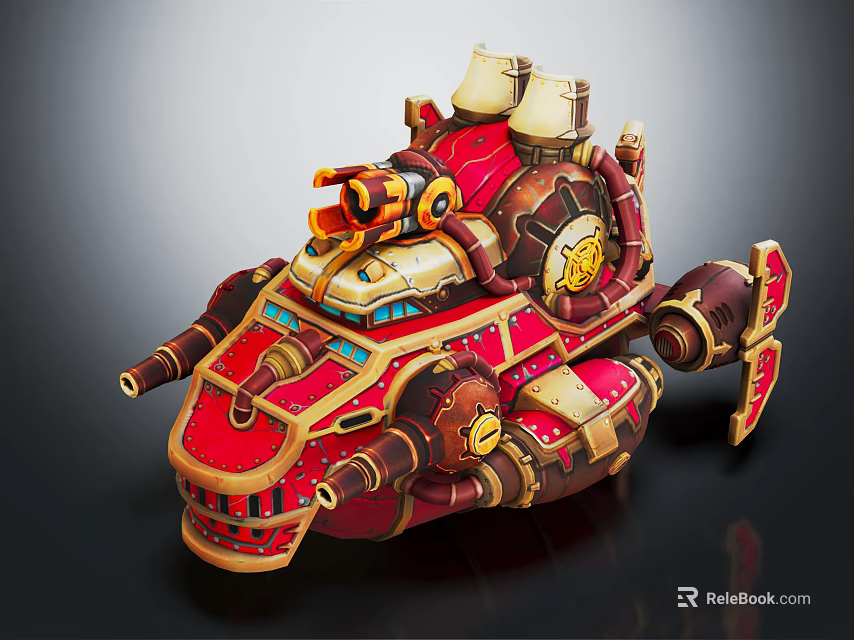 Smart Machine In Steampunk Design With Red Gold Accents And Mechanical Cannon Parts 3d model 