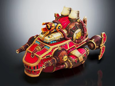 Smart Machine In Steampunk Design With Red Gold Accents And Mechanical Cannon Parts 3d model