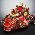 Smart Machine In Steampunk Design With Red Gold Accents And Mechanical Cannon Parts