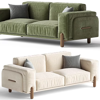 Green And Beige Two Seater Sofas With Velvet Fabric Wooden Legs And Decorative Pillows 3d model