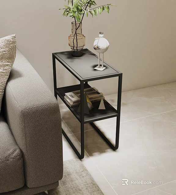 Modern Black Side Table With Metal Frame And Books For Living Room Sofa Area 3d model 