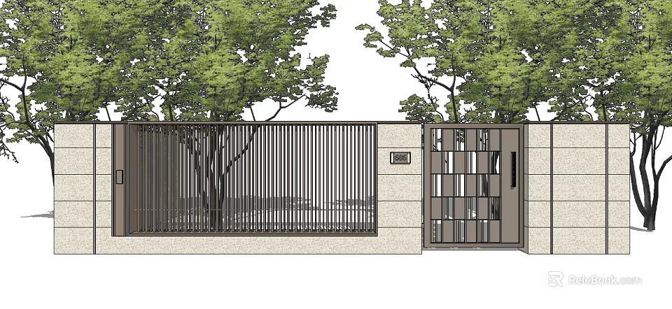 Modern Entry Gate Design With Metal Slats Stone Wall And Surrounding Trees 3d model 