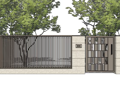 Modern Entry Gate Design With Metal Slats Stone Wall And Surrounding Trees 3d model