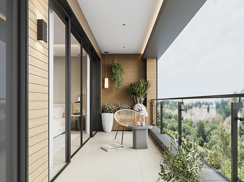 Modern Home Balcony Interior With Glass Doors Wooden Walls Plants Wicker Chair Scenic Tree View 3d model 
