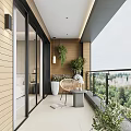 Modern Home Balcony Interior With Glass Doors Wooden Walls Plants Wicker Chair Scenic Tree View