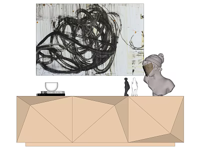 Geometric TV Stand With Sculpture Figurine Books And Abstract Painting On Wall 3d model