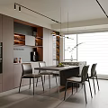 Modern Restaurant Interior With Dining Table Chairs Cabinets Pendant Lights And Window 3d model