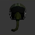 Green Military Weapon Helmet With Black Visor And Mechanical Components