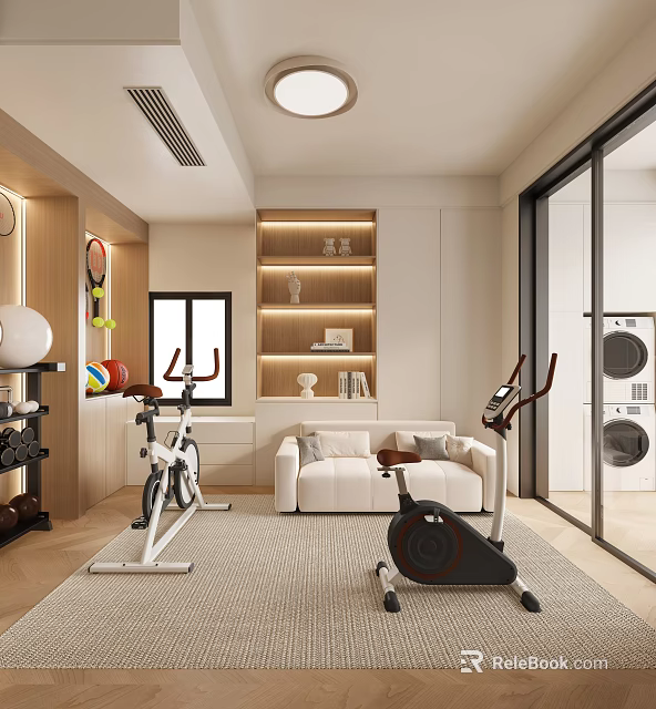 Modern Recreation Room Interior With Exercise Bikes White Sofa And Decorative Shelves 3d model 
