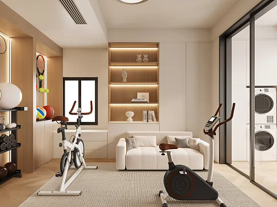 Modern Recreation Room Interior With Exercise Bikes White Sofa And Decorative Shelves 3d model