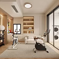 Modern Recreation Room Interior With Exercise Bikes White Sofa And Decorative Shelves