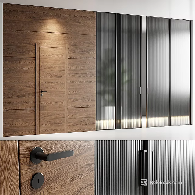 Modern Interior Wooden Hinged Door Design With Glass Panel Wall And Frame 3d model 
