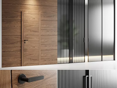 Modern Interior Wooden Hinged Door Design With Glass Panel Wall And Frame 3d model