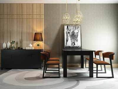 Modern Dining Table And Chairs With Brown Leather Seats Zebra Painting And Pendant Lights 3d model