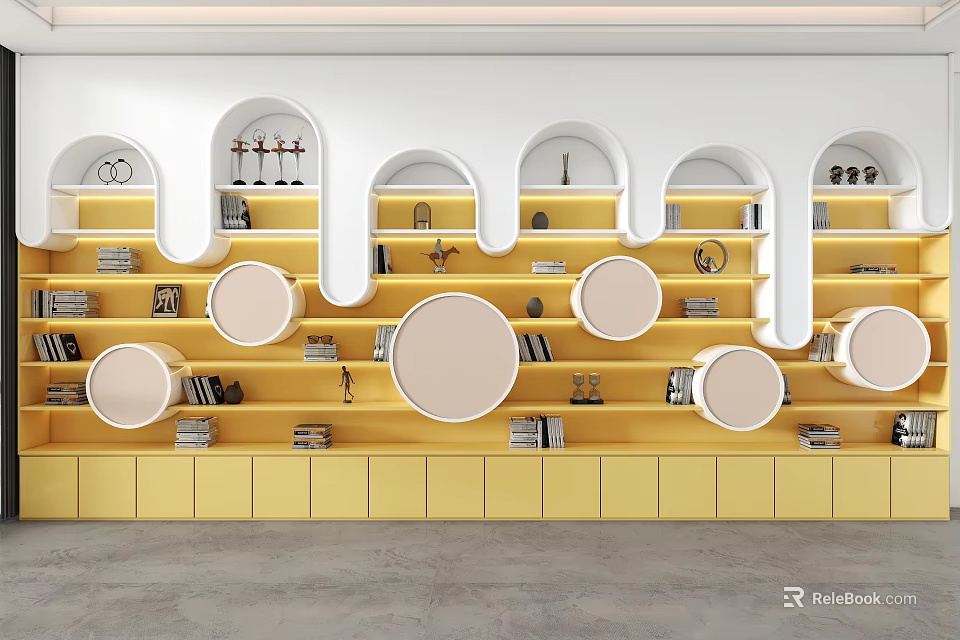 Yellow And White Decorative Cabinet With Arched Circular Open Shelves And Books Decorations 3d model 