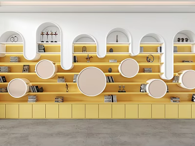 Yellow And White Decorative Cabinet With Arched Circular Open Shelves And Books Decorations 3d model