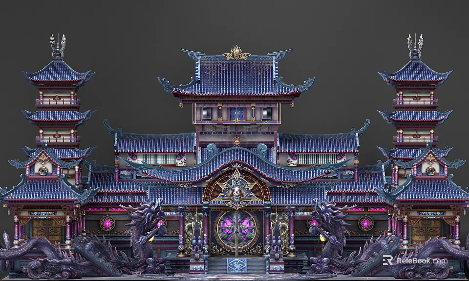 Cartoon Scene Of Chinese Traditional Palace With Flying Eaves Dragon Decorations And Purple Blue Roofs 3d model 