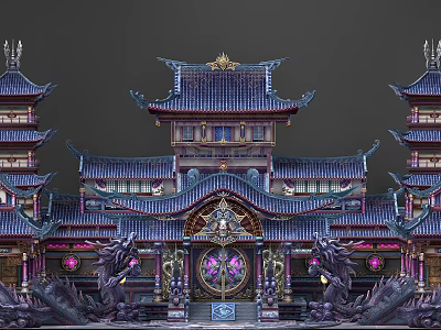 Cartoon Scene Of Chinese Traditional Palace With Flying Eaves Dragon Decorations And Purple Blue Roofs 3d model