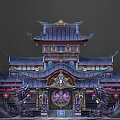 Cartoon Scene Of Chinese Traditional Palace With Flying Eaves Dragon Decorations And Purple Blue Roofs