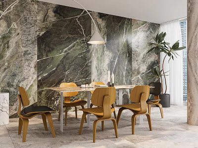 Modern Restaurant Interior With Marble Wall Dining Table Pendant Light Green Plant And Wooden Chairs 3d model