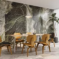 Modern Restaurant Interior With Marble Wall Dining Table Pendant Light Green Plant And Wooden Chairs