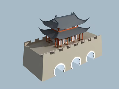 Ancient Architecture With Tiered Roof And City Wall Featuring Arched Gateways 3d model