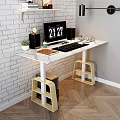 Modern Office Desk With Computer Monitor Desk Lamp Potted Plant And White Brick Wall