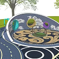 Playground Equipment Featuring Sandpit Climbing Structures Circular Paths and Trees in Grass Area for Kids