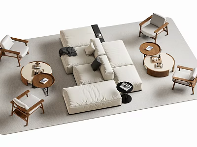 Modern Beige Sofa Coffee Table Set With Round Tables And Accent Chairs On Rug 3d model