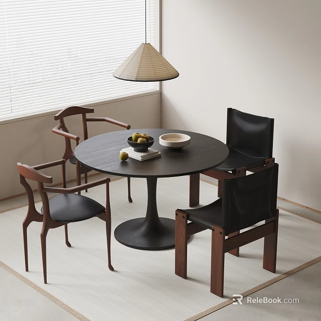 Minimalist Round Dining Table Set With Wooden Frame Chairs Black Cushions And Pendant Lamp 3d model 