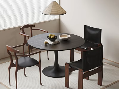 Minimalist Round Dining Table Set With Wooden Frame Chairs Black Cushions And Pendant Lamp 3d model