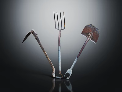 Vintage Rustic Garden Tools Still Life With Pickaxe Fork Shovel On Dark Background 3d model