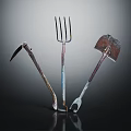 Vintage Rustic Garden Tools Still Life With Pickaxe Fork Shovel On Dark Background