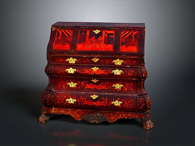 Elegant Red Wooden Cabinet with Golden Decorations Multiple Drawers and Carved Legs for Clothing Storage 3d model