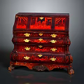 Elegant Red Wooden Cabinet with Golden Decorations Multiple Drawers and Carved Legs for Clothing Storage