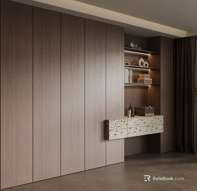 Modern Walnut Wooden Bookcase With Built In Shelves And Decorative Storage 3d model 